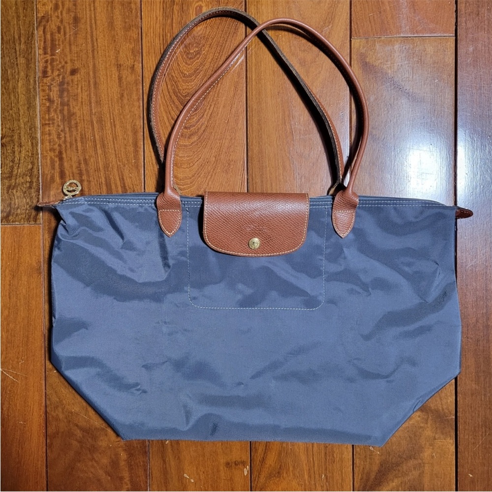LONGCHAMP Le Pliage Navy Blue Canvas Brown Leather Trim Travel Tote Bag